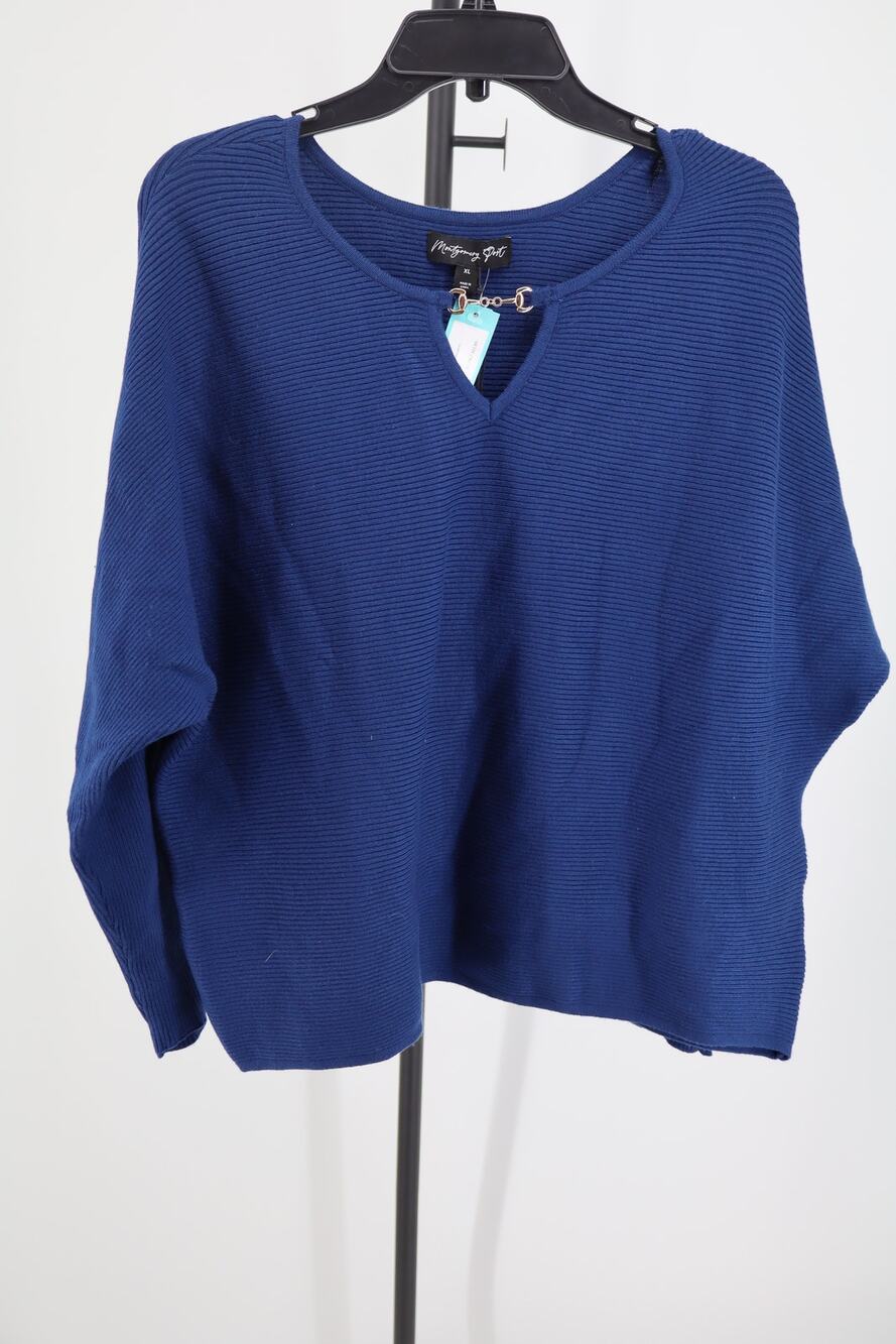 NEW Montgomery Post Keyhole Sweater Navy Blue Ribbed Knit Batwing Dolman XL